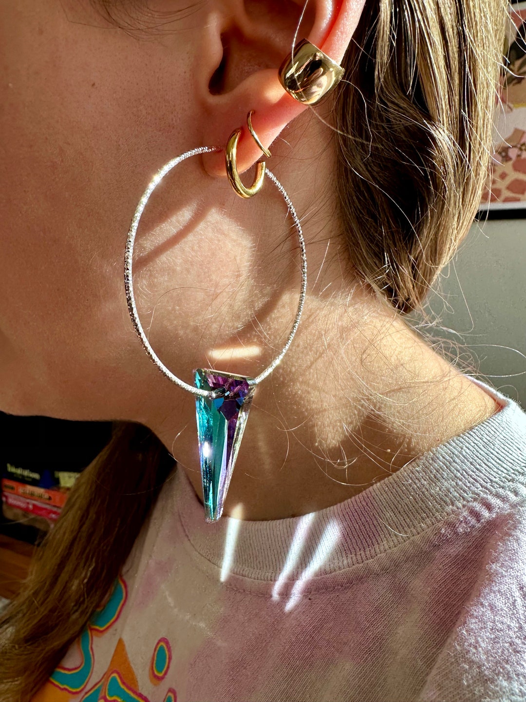 Suncatcher Sparkle Silver Hoops Triangle AB Crystals Earring Prism