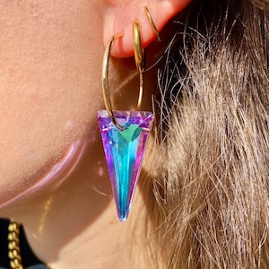 Iridescent Crystal Hoop Earrings: Gold Filled Suncatcher, Light Vitrail Triangle