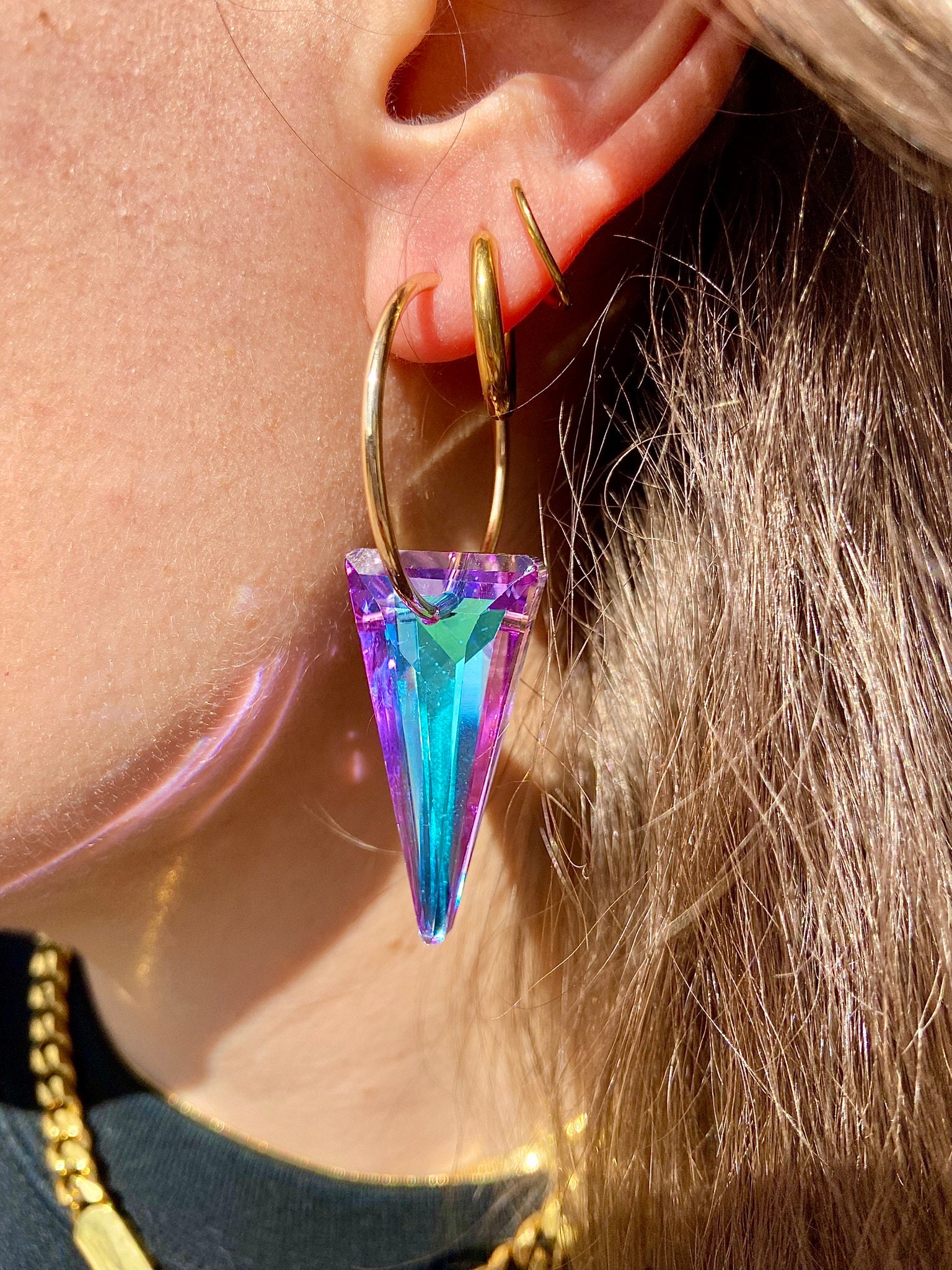 Suncatcher Small Gold Hoops with Light Blue Triangle Crystals | Iridescent Hoop Earrings | Light Vitrail Earrings | 30mm Hoops | Sun Crystal