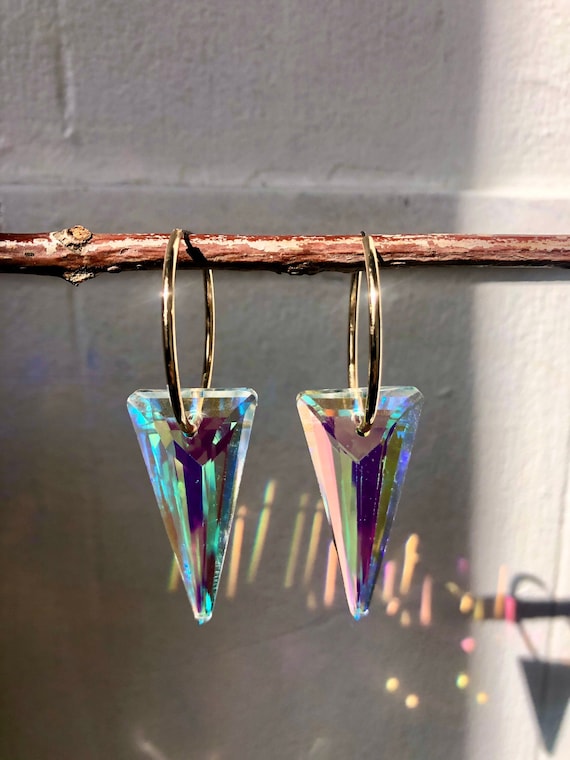 Suncatcher Small Gold Hoops With Triangle AB Crystals Earring Prism Iridescent Crystal Earrings Sun refracted Crystal 30mm Hoops Etsy Australia