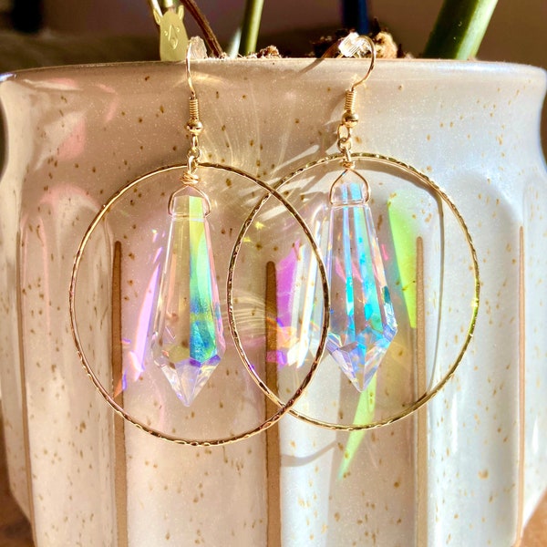 Suncatcher Crystal Gold Hoop Drop Earrings | Suncatcher Hoop Earring | Rainbow Iridescent Earring | Gold Hoop Aurora Crystal Dangle