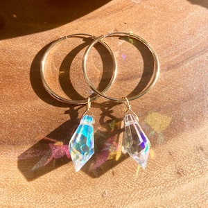 Suncatcher Crystal Small Gold Hoop Drop Earrings | Rainbow Dangle Earrings | Light Reflecting Crystal Hoops | Aura Crystal Prism Earring