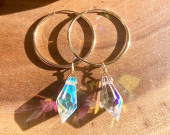 Suncatcher Crystal Small Gold Hoop Drop Earrings | Rainbow Dangle Earrings | Light Reflecting Crystal Hoops | Aura Crystal Prism Earring