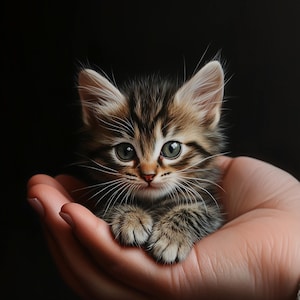以下が含まれることがあります： 茶色とベージュの縞模様の毛並みと大きな緑色の目を 가진 ふわふわの子猫。 黒い背景の中で、開いた手に優しく抱かれています。 子猫のひげは長く、白いです。