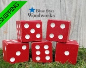 The Red and White Yardzee Dice, Rustic Red Yard Yahtzee Giant Dice Game, Carved Wooden Lawn Dice, Unique Backyard Cardinals Yahtzee Dice