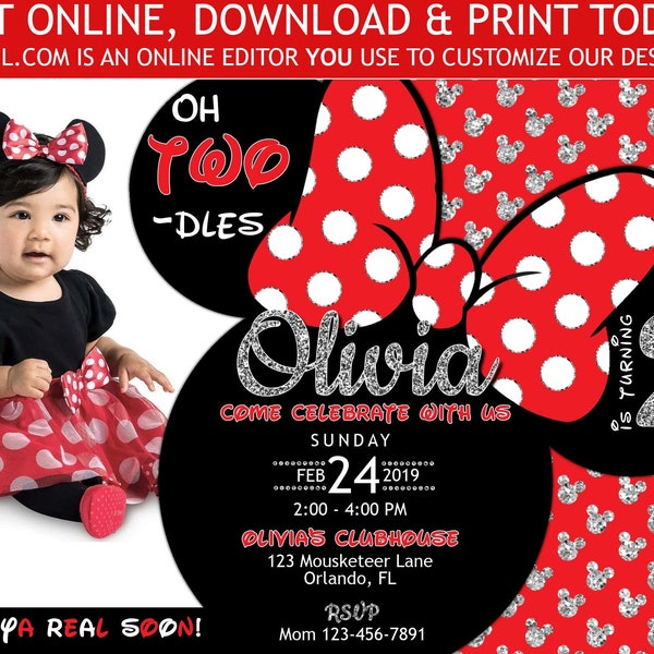 Minnie Mouse 2nd Birthday Invitation Template - Etsy