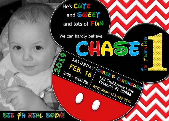 mickey mouse 1st birthday invitation with photo chevron chalkboard 5x7 diy mickey invite download printable first birthday invitation corjl diy mickey mouse birthday invitations