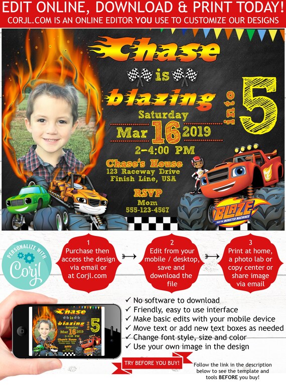 Blaze And The Monster Machines Printable Birthday Invitation Etsy