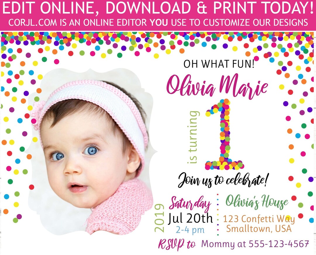 Rainbow Confetti First Birthday Photo Invitation Confetti Etsy