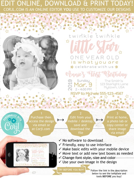 Twinkle Twinkle Little Star First Birthday Invitation Girl 1st Etsy