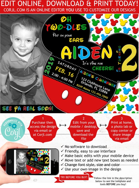 mickey mouse 2nd birthday invitation two dles with photo second birthday twodles 5x7 editable invite template printable birthday invitation mickey mouse 2nd birthday invitations