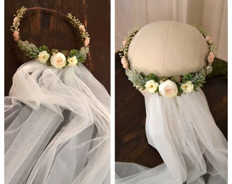 Botanica Veil - flower wreath, bridal veil, veil, 100 cm, white, boho wedding, bridal wreath, handmade | Miss Cherry Blossom