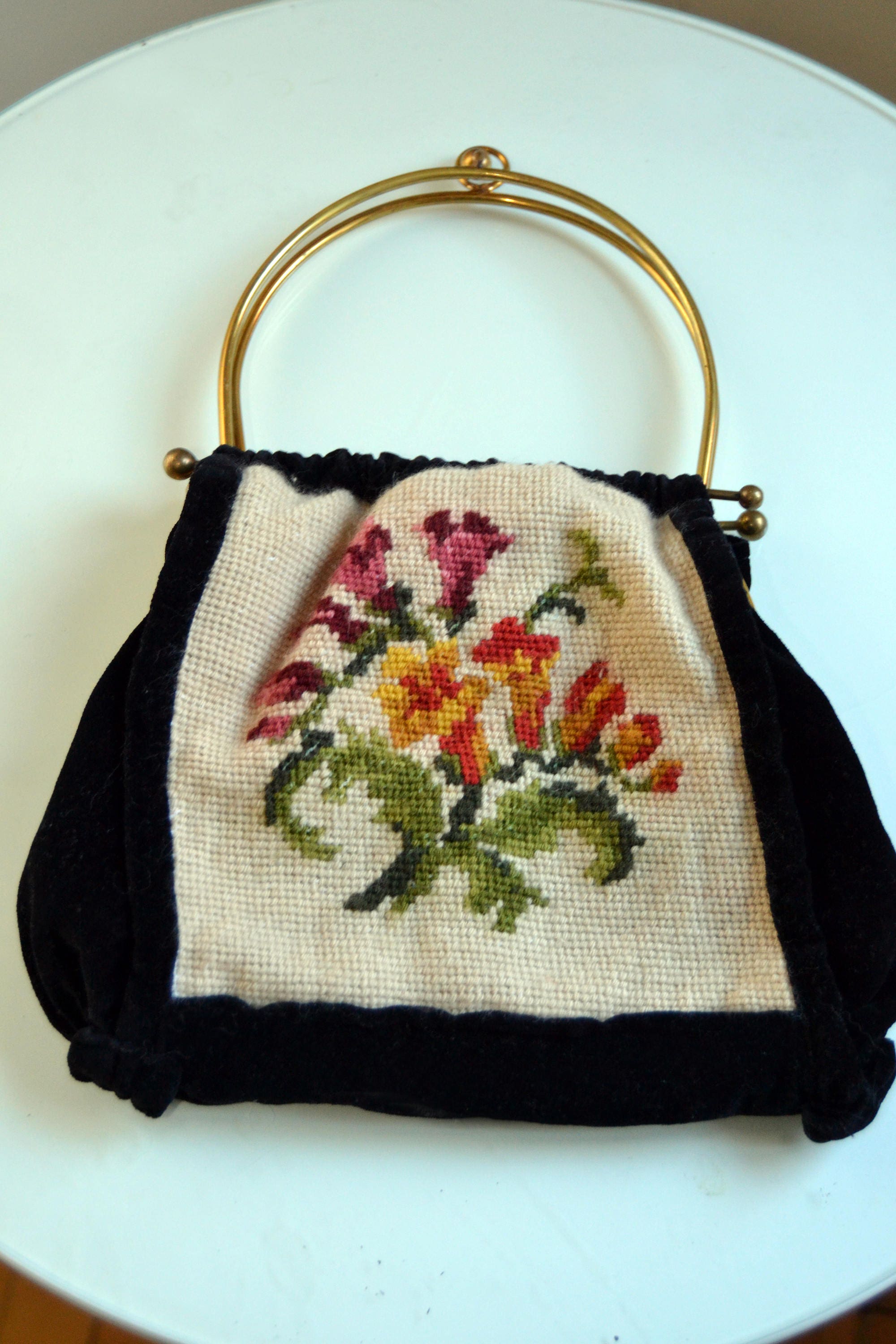 Original Vintage Gobelin Handbag, Bag, Purse, Velvet, Golden
