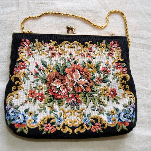 Original Vintage black petit point bag, tapestry handbag 50s, with golden clasp, mod