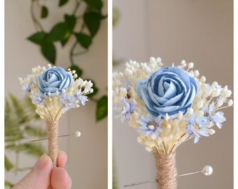 Boutonniere Anstecker Icy Blue, Boho Wedding, Hochzeit, Ansteckblume Bräutigam