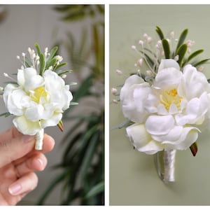 Boutonniere, Pin White Peony, Boho Wedding, Wedding, Lapel Flower Groom