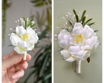 Boutonniere, Anstecker White Peony, Boho Wedding, Hochzeit, Ansteckblume Bräutigam