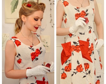 Original Vintage 50s Dress, 1950, for Petticoat, Red Roses, size S, 38, perfect condition