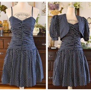 Original Vintage Polka Dots Dress Chou Chou with Jacket, size 36, S, Dark Blue, Petticoat