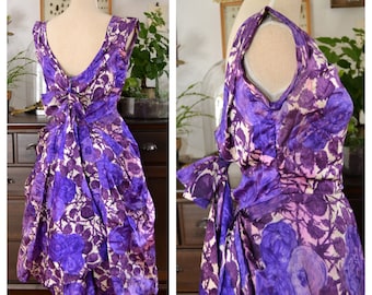Original Vintage Silk Dress 50s, Petticoat Dress, 1950, Purple Roses, size M, 40