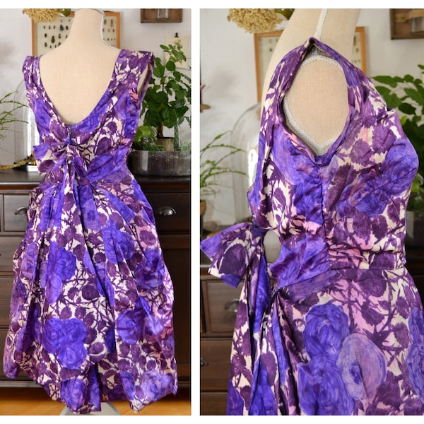 Original Vintage Silk Dress 50s, Petticoat Dress, 1950, Purple Roses, size M, 40