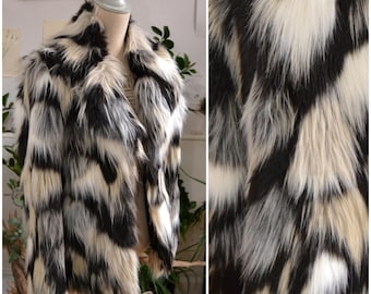 Original Vintage Coat, Faux Fur, 1970, size S, black/cream/white