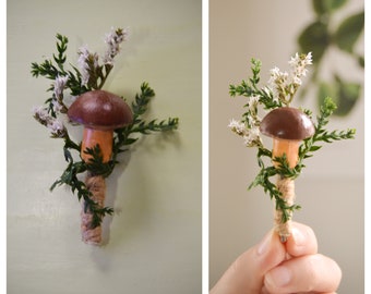 Boutonniere, Tiny Toadstool pin, Boho Wedding, wedding, groom&#39;s boutonniere, mushrooms and moss, brown mushroom