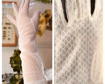 Original 60s Vintage pair of long creme/white gloves, sheer, Wedding, bridal gloves, cottagecore, retro, rockabilly