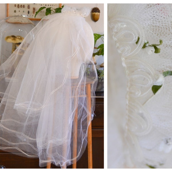 Original Vintage Veil with Crown 1940 - 3 Layers, Flowers, Rhinestones, white / ivory, excellent condition, bridal veil, Germany