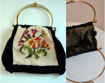 Original Vintage Gobelin handbag, bag, purse, velvet, golden clasp, 50s, black