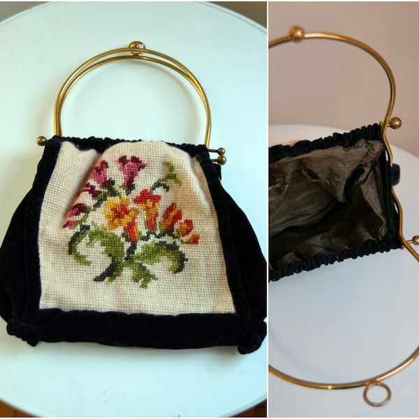 Original Vintage Gobelin handbag, bag, purse, velvet, golden clasp, 50s, black