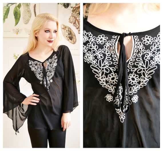Original Vintage Blouse, 80s, XS, S, black, embroi