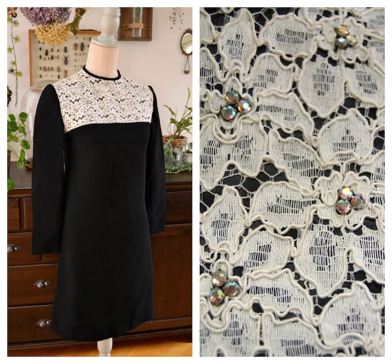 Original Vintage 1950 Rhinestones Dress, Black and White, Lace, size 36/38, size S Bild 1