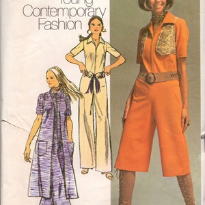 May include: A sewing pattern for a jumpsuit with a vest. The pattern is for sizes 12 and 34 bust. The pattern is from Simplicity and is called "Young Contemporary Fashion".