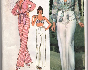 Vintage 70s Simplicity "Young Contemporary" UNCUT Sewing Pattern 6406: Bra Top, Tie-front Blouse, and Pants