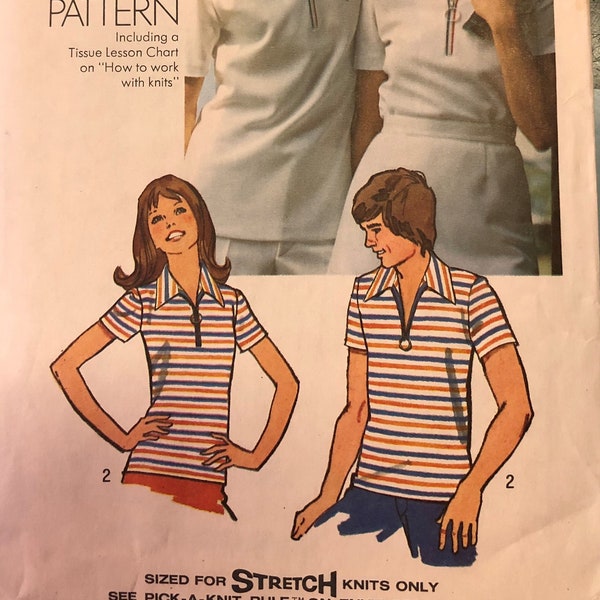 Vintage 70's Sewing Pattern Simplicity 5515: Men's and Women's Tennis Shirt