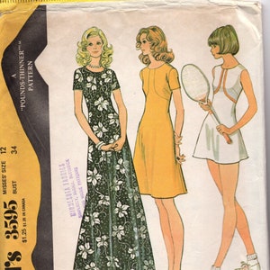 Vintage 70&#39;s Sewing Pattern&quot; McCall&#39;s 3595: Mini Tennis Dress with Panties, Maxi Dress, Midi Dress- ca 1973, size 12, bust 34&quot;