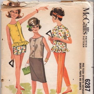 Vintage 1960&#39;s McCalls Pattern 6287: Blouse, Shorts, and Ankle Pants size 12 Teen or Petite- bust 31&quot;