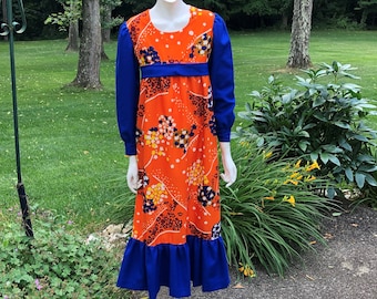 70er Orange Floral Maxi Kleid, Empire-Taille, Handgemacht