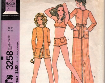 Vintage 70s McCall's Pattern 3258: Bikini Swimsuit with Shorts! Long and Short Cover-up; size 12