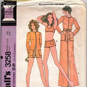 Vintage 70s McCall&#39;s Pattern 3258: Bikini Swimsuit with Shorts! Long and Short Cover-up; size 12