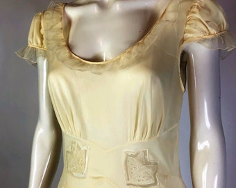 Vintage Late 40's Butter Yellow Nylon Night Gown with Chiffon Accordion Pleats bust 38