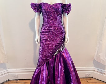 Vintage 90's Purple Sequin Mermaid Prom Dress