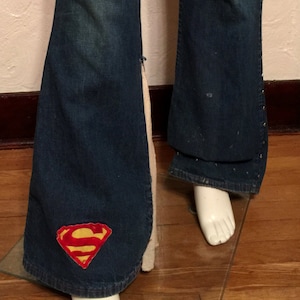Vintage 70&#39;s Authentic Hippie Jeans and Vest: Hand Altered and Custom Made with Patches, Studs, Ink, and Feed Sack. Own a Piece of History!
