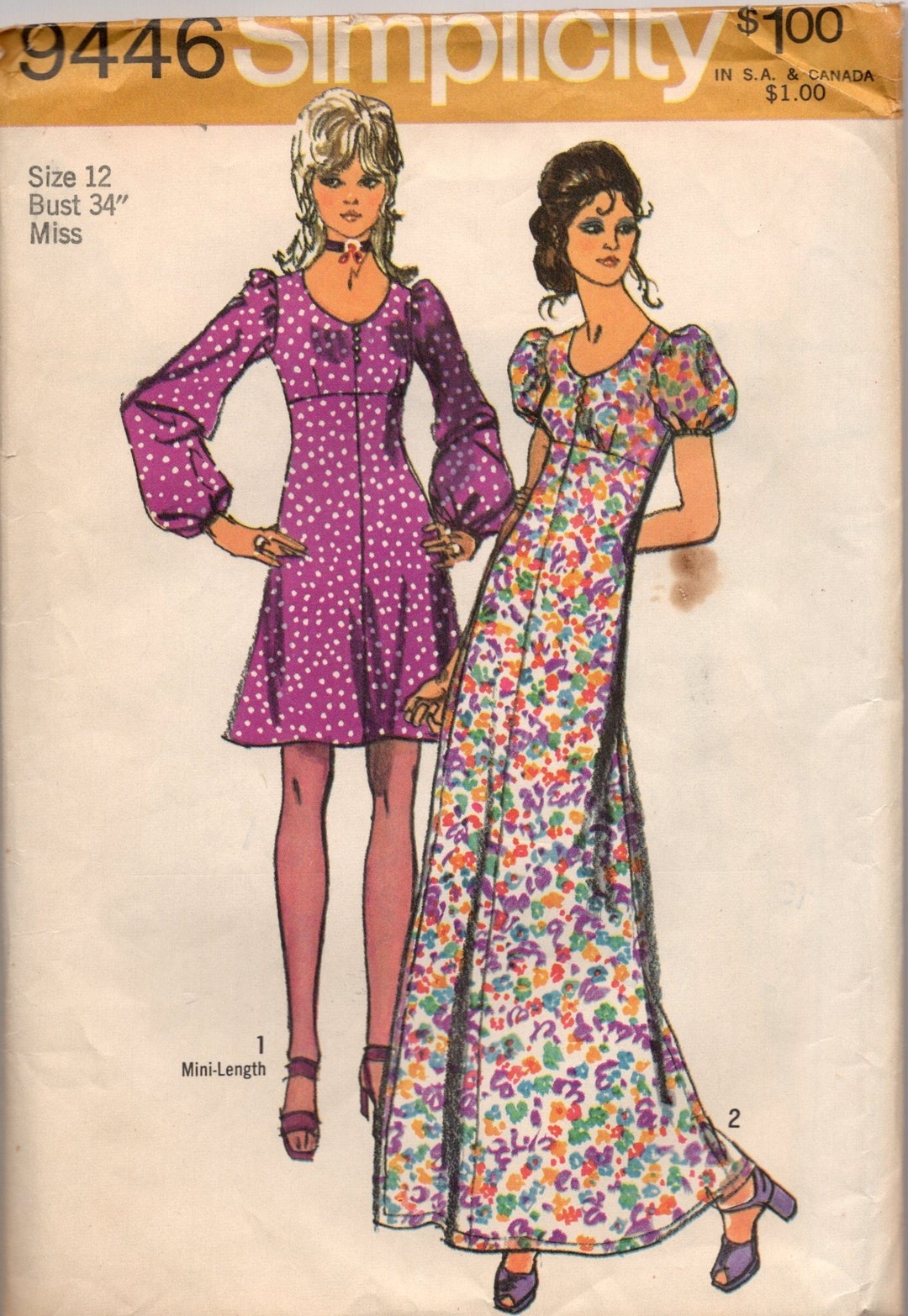 Vintage 70's Sewing Pattern: Simplicity 9446 Mini or Maxi Dress W Puffy ...