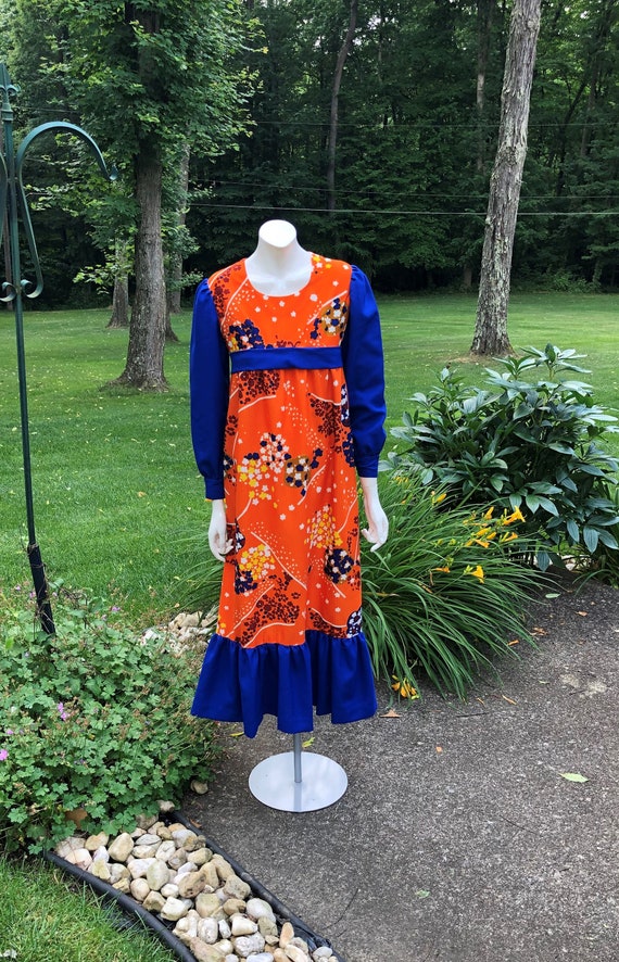 Gorgeous Trippy 70's Orange and Blue Maxi Dress - image 1