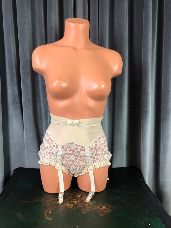 Vintage 50's Burlesque Sheer Beige Lace Shaper Panties With Garters 