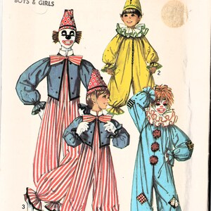 May include: A vintage Simplicity sewing pattern for a clown costume. The pattern is for sizes 6-8 for boys and girls. The pattern shows three different clown costumes: one with red and white striped pants, one with yellow pants, and one with blue pants. The pattern number is 7162 and the price is $1.50.