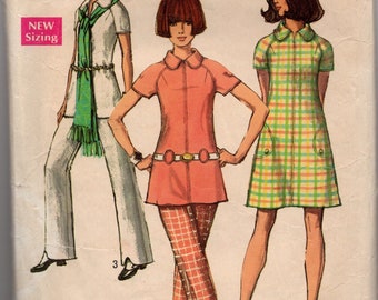Vintage 70's Sewing Pattern: Simplicity 8689, Tunic Top, Dress, Pants; size 12, circa 1970