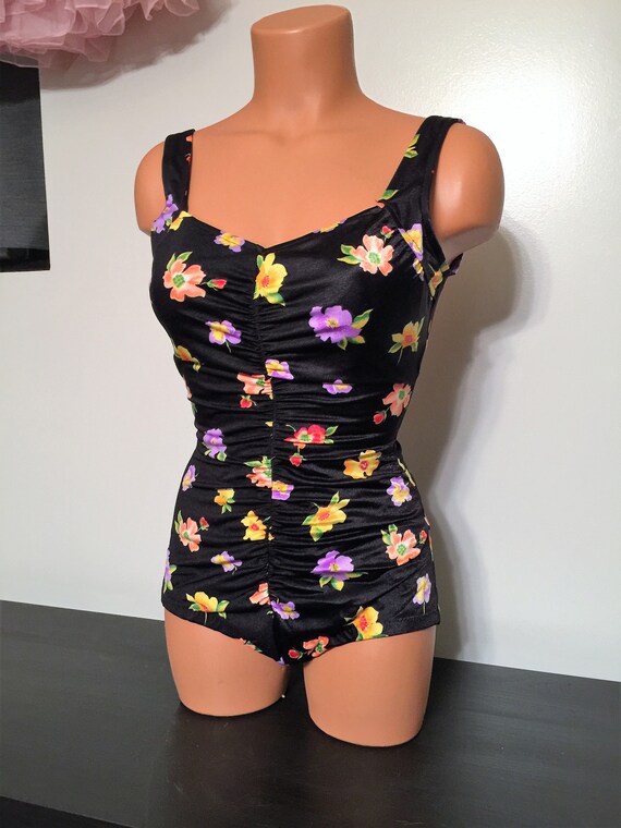 Vintage 80's-does-50's One Piece Black Floral Swim